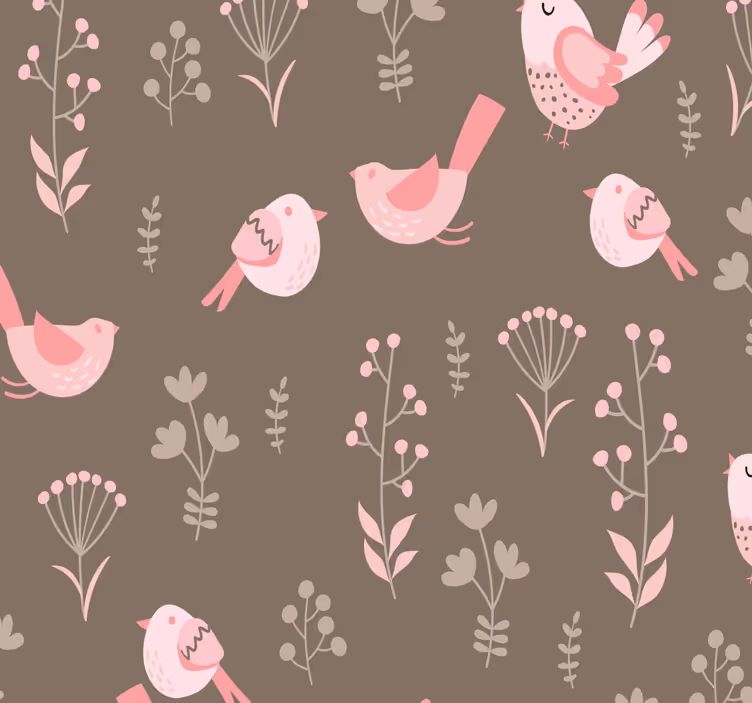 Papier peint Vintage rose oiseaux fond marron - TenStickers