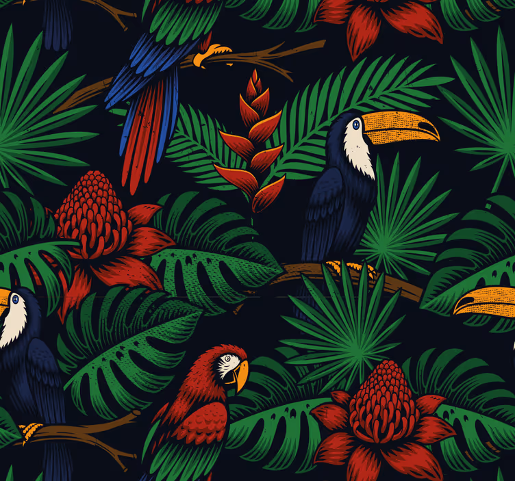 Papier peint perroquets et toucans motif tropical - TenStickers