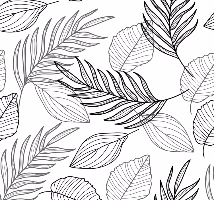 Papier peint dessin de feuilles noir et blanc - TenStickers
