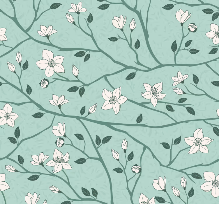 Papier peint vert menthe branches avec fleurs - TenStickers