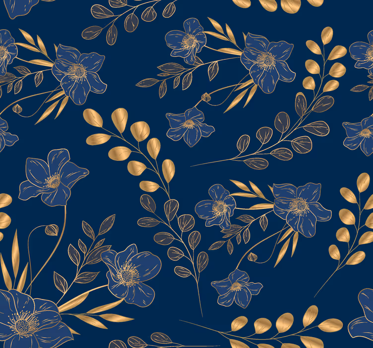 Papier peint bleu foncé motif de fleurs dorées - TenStickers