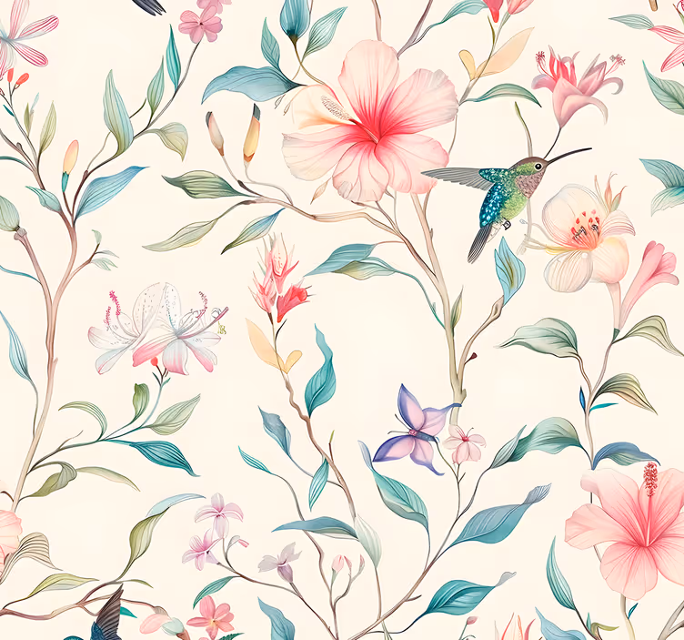 Papier peint fleuri motif de fleurs et de colibris - TenStickers