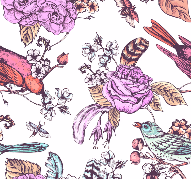 Papier peint fleuri conception d'oiseau floral - TenStickers