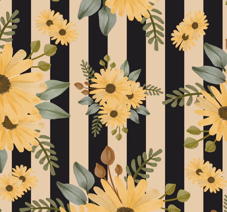 Papier peint fleuri motif de tournesol rayé - TenStickers