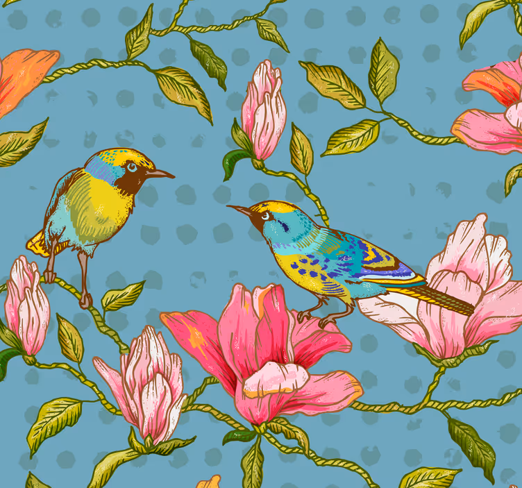 Papier peint fleur Oiseaux jaunes avec des fleurs - TenStickers
