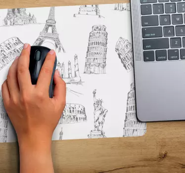 Mouse pad carte du monde croquis de monuments célèbres - TenStickers