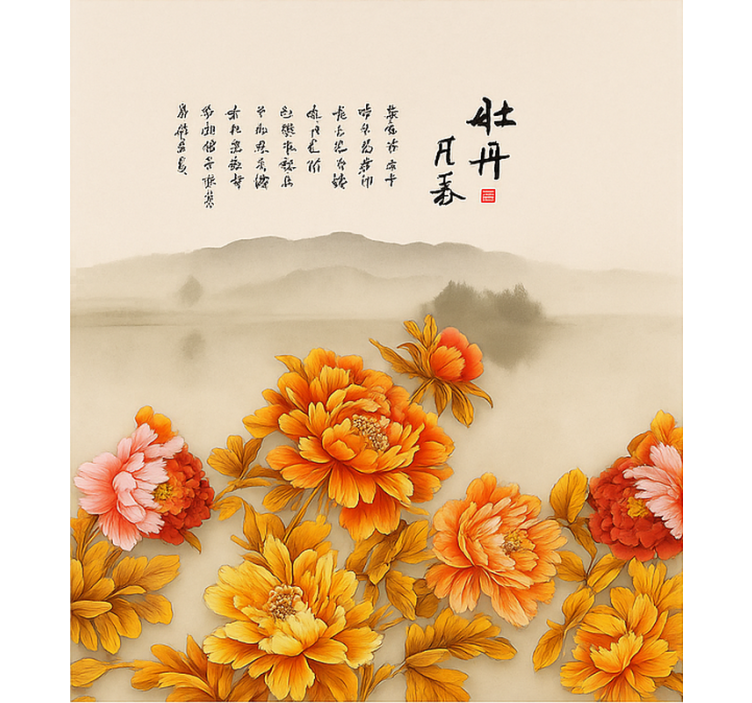 Toile fenêtre salon art du paysage de pivoines - TenStickers