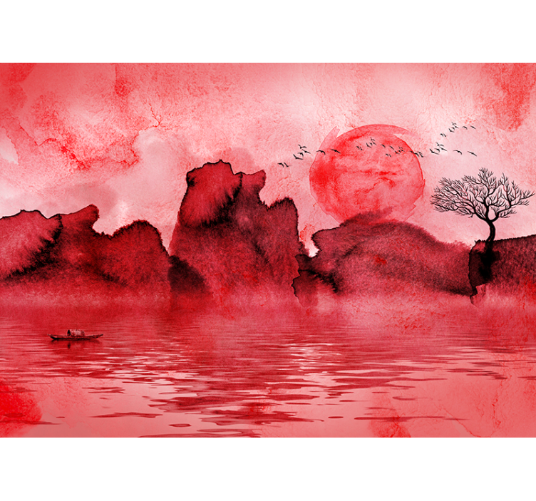 Toile fenêtre rouge paysage à l'encre chinoise - TenStickers