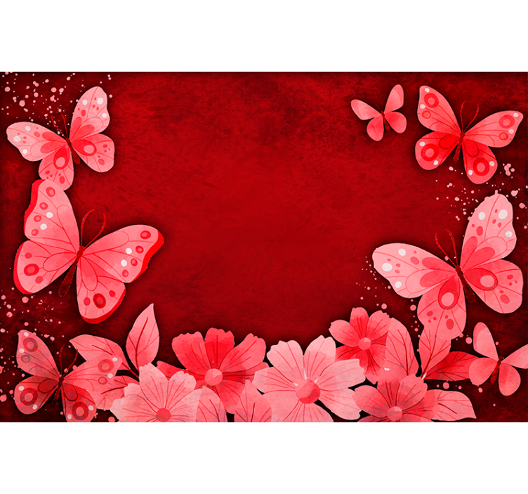 Toile fenêtre rouge design fleurs et papillons - TenStickers