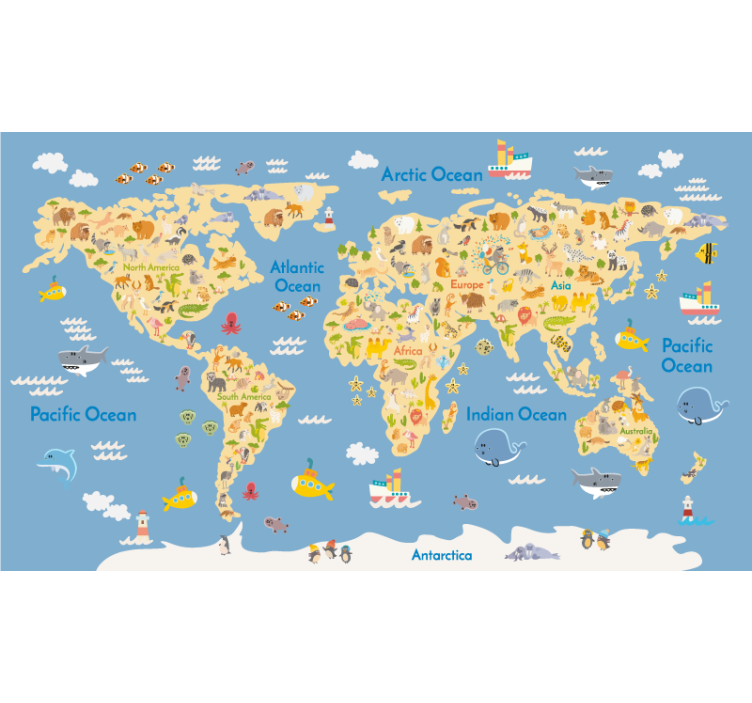 Toile fenêtre carte du monde continents et faune - TenStickers