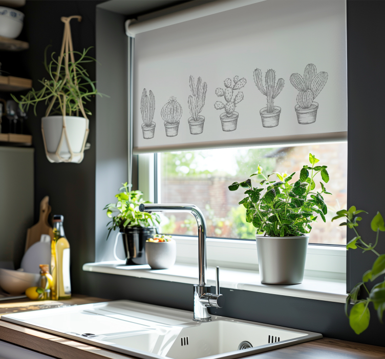 Toile fenêtre cactus nuances de gris - TenStickers