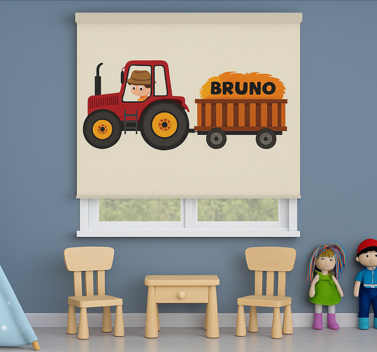 Toile fenêtre chambre enfant conception de tracteur avec nom - TenStickers