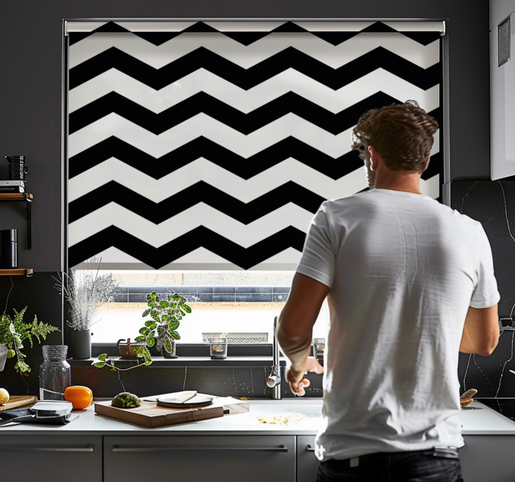 Toile fenêtre cuisine motif à chevrons blanc et noir - TenStickers