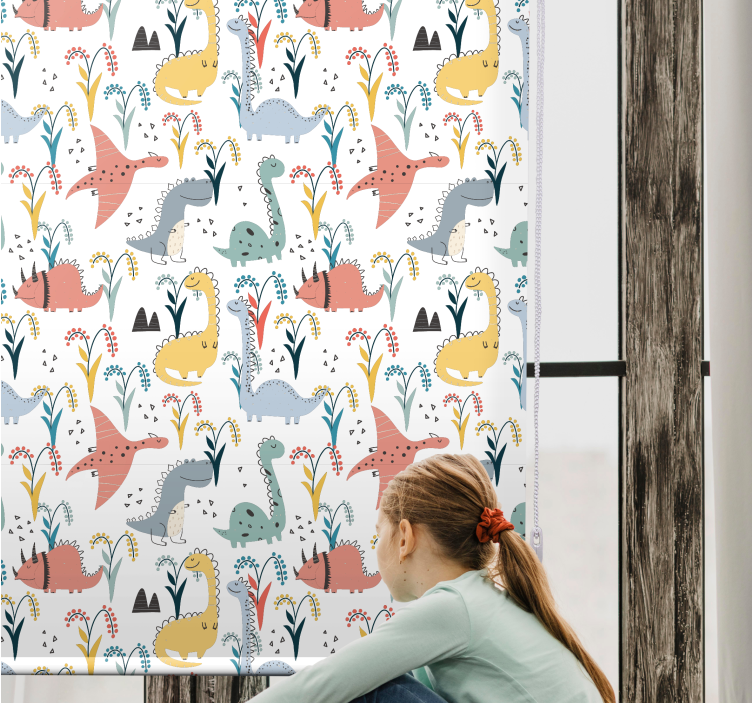 Toile fenêtre dinosaures motif scandinave coloré - TenStickers