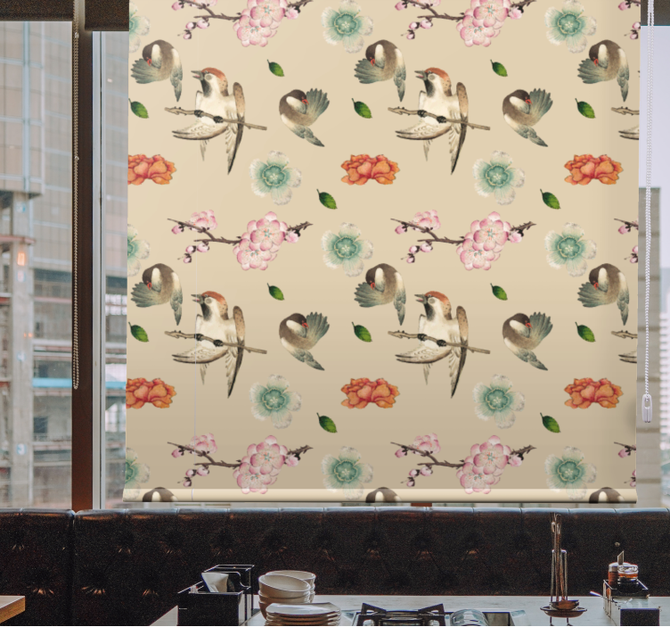Toile fenêtre fleurs et plantes motif aviaire beige - TenStickers