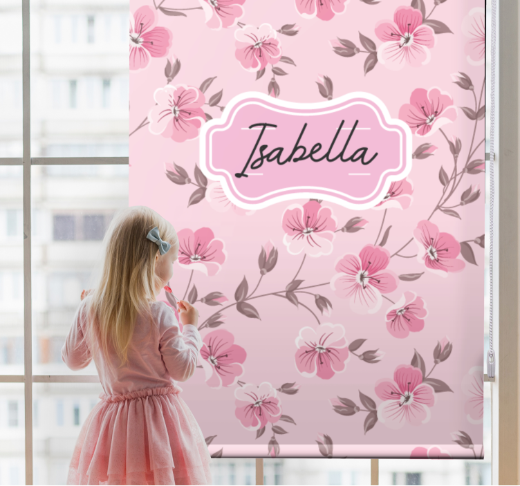 Toile fenêtre chambre enfant fleurs de cerisier avec nom - TenStickers