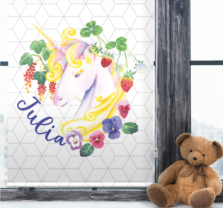Toile fenêtre chambre enfant licorne florale avec nom - TenStickers
