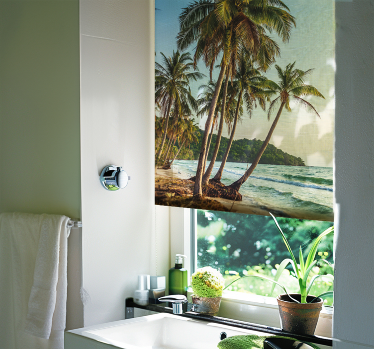 Toile fenêtre salle de bain palmiers sur la plage - TenStickers