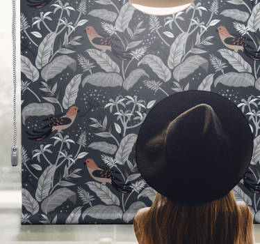 Toile fenêtre fleurs et plantes motif de feuillage d'oiseau - TenStickers