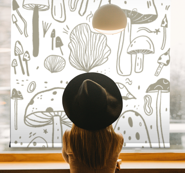 Toile fenêtre fleurs et plantes champignons beiges stylisés - TenStickers