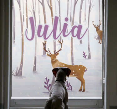 Toile fenêtre chambre enfant cerf dans la neige avec nom - TenStickers