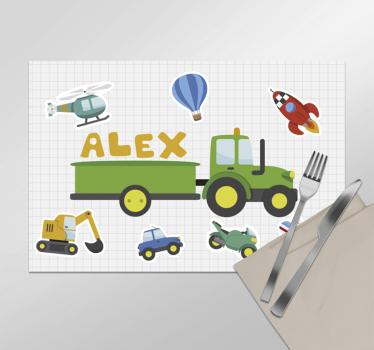 Set de table transports dessins animés avec nom - TenStickers