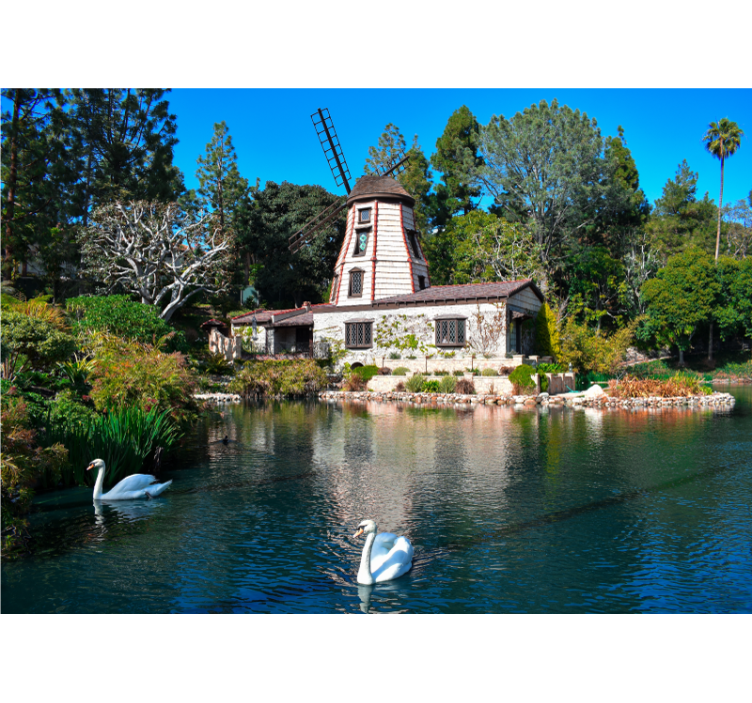 Papier peint mural d'animaux Deux cygnes et arbres colorés - TenStickers