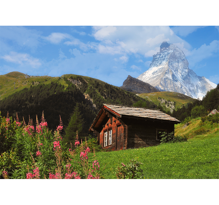 Tapisserie murale paysage vue sur chalet en montagne - TenStickers