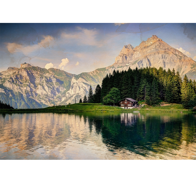 Papier peint nature Maison au bord du lac avec les montagnes - TenStickers