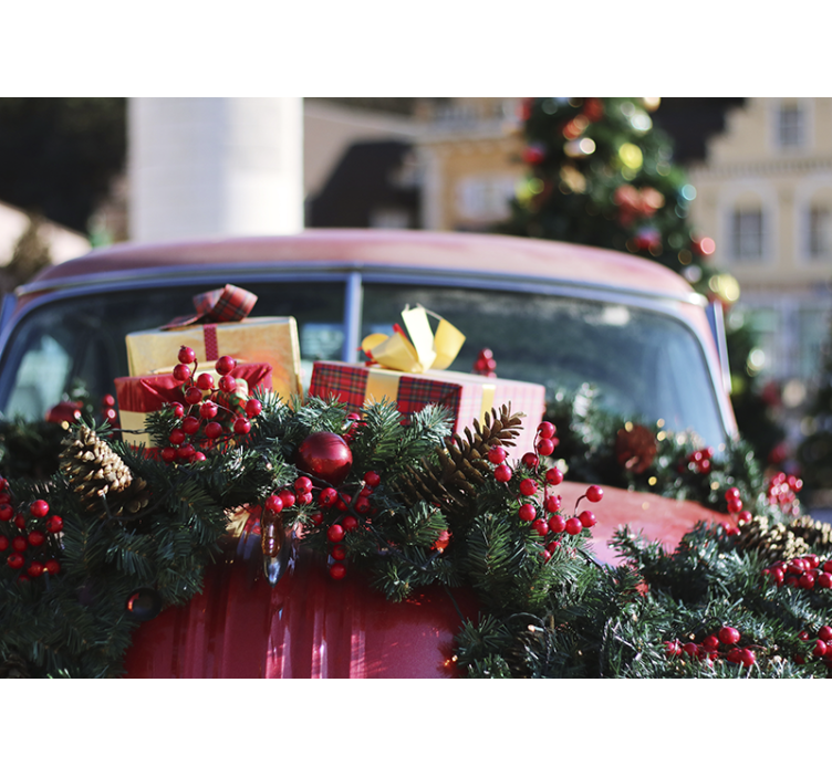 Photo murale Noël couronne verte rouge voiture - TenStickers