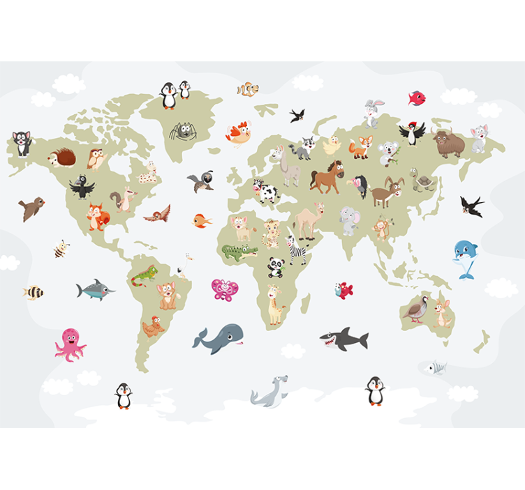 Papier peint mural carte du monde Explorateur avec des animaux - TenStickers
