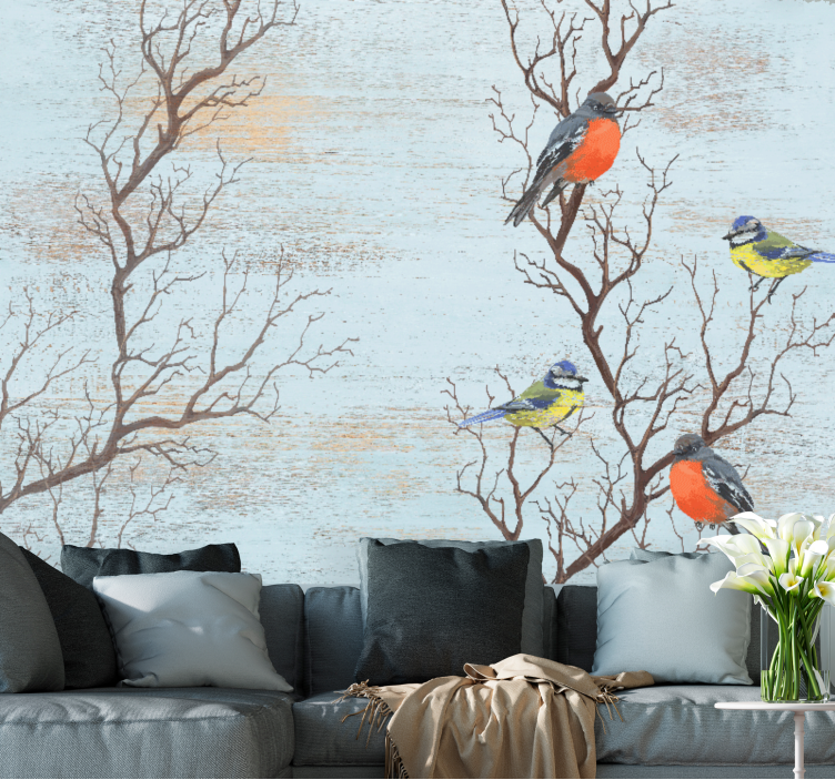 Papier peint vintage Arbres bleus avec des oiseaux - TenStickers