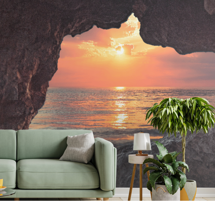 Papier peint 3D Effet visuel grotte lever du soleil océan - TenStickers