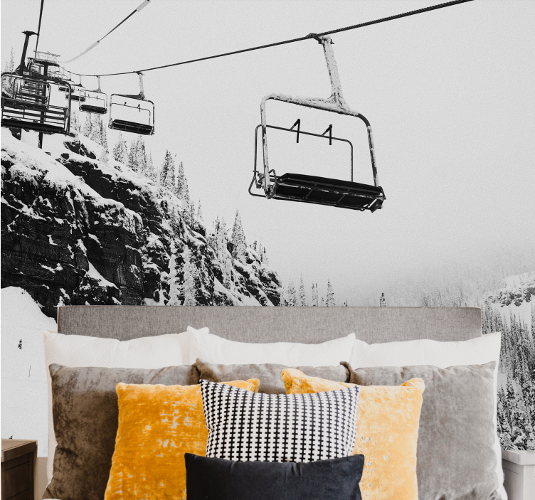 Papier peint mural montagne échelle de gris des téléphériques - TenStickers