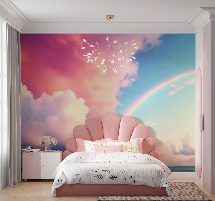 Tapisserie murale enfant ciel nuage arc-en-ciel - TenStickers
