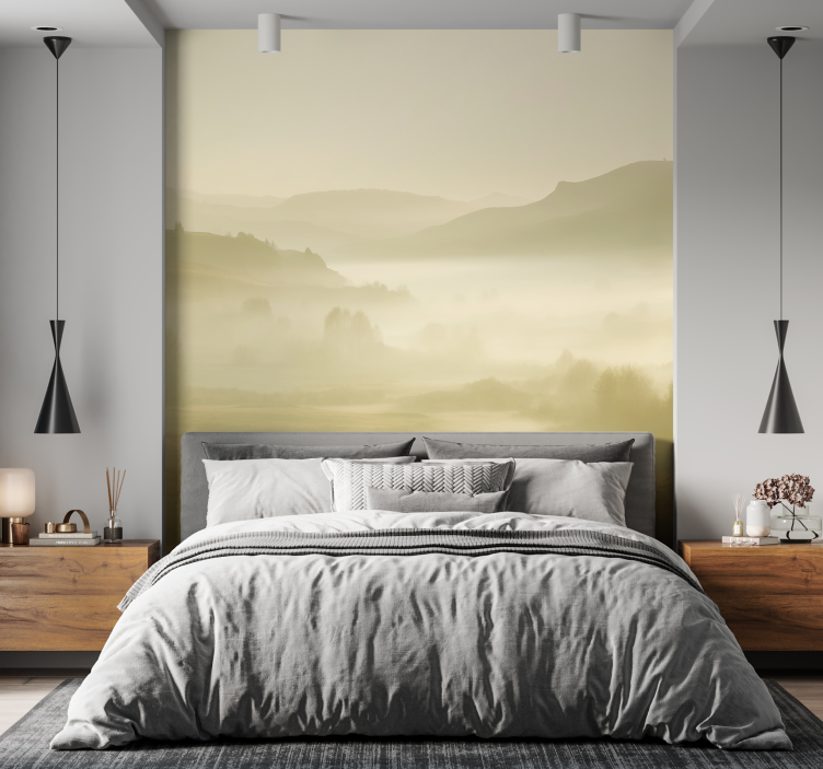 Tapisserie murale montagne vue beige brumeuse - TenStickers