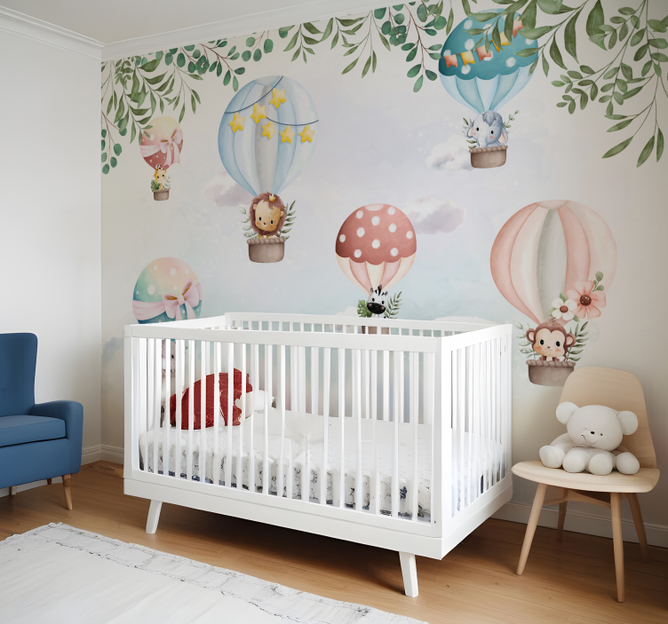 Tapisserie chambre bébé animaux en montgolfière - TenStickers