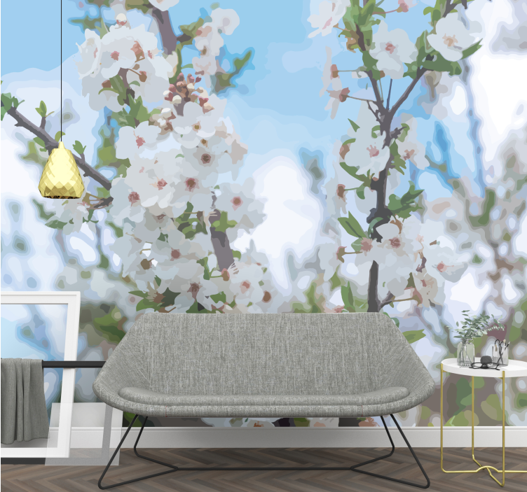 Tapisserie fleur branche de fleurs blanches - TenStickers