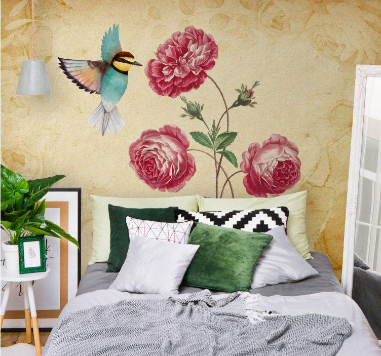 Tapisserie fleur colibri et roses - TenStickers