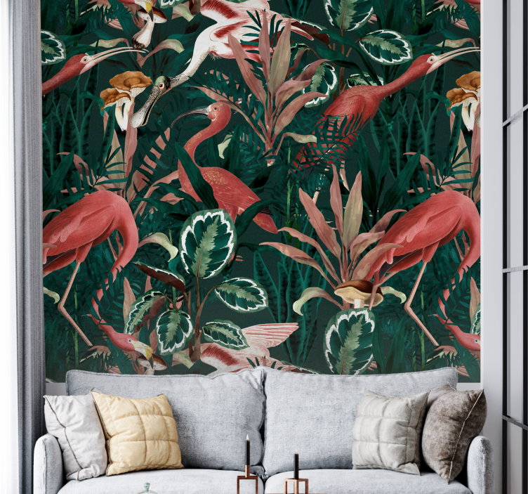 Tapisserie murale animaux flamants roses dans le feuillage - TenStickers