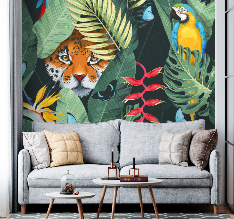 Tapisserie murale animaux tigre et perroquet - TenStickers