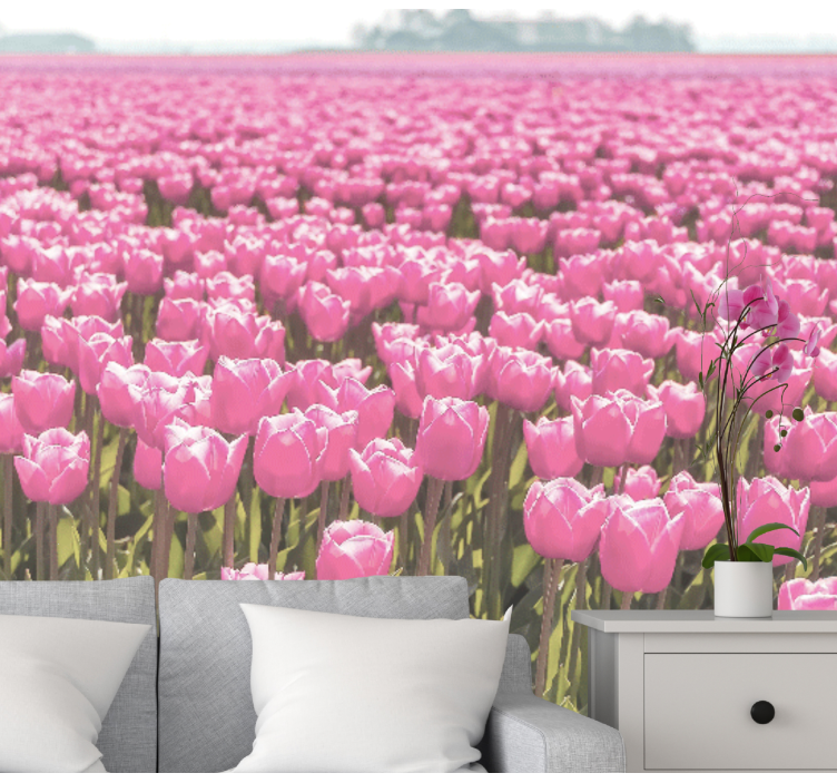 Tapisserie murale coquelicots champs de tulipes roses - TenStickers