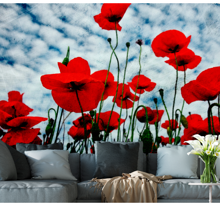 Tapisserie murale coquelicots ciel bleu nuageux - TenStickers