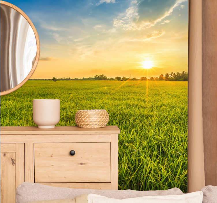 Tapisserie murale paysage coucher de soleil sur champs - TenStickers