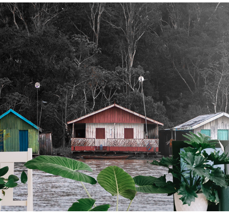 Tapisserie murale paysage maisons fluviales colorées - TenStickers