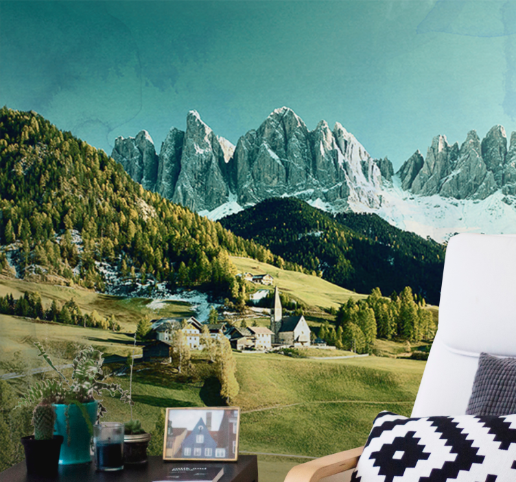 Tapisserie murale paysage village de montagne - TenStickers