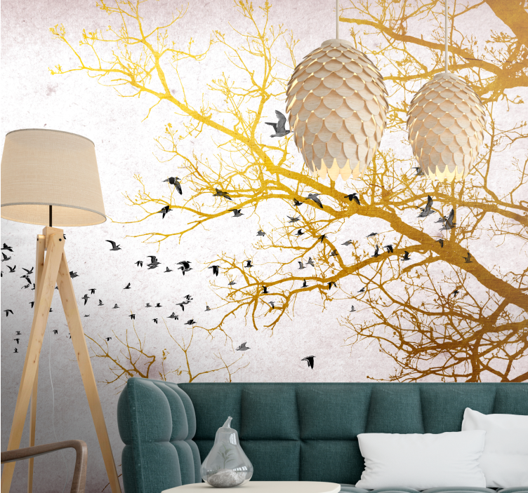 Tapisserie nature branches dorées oiseaux - TenStickers