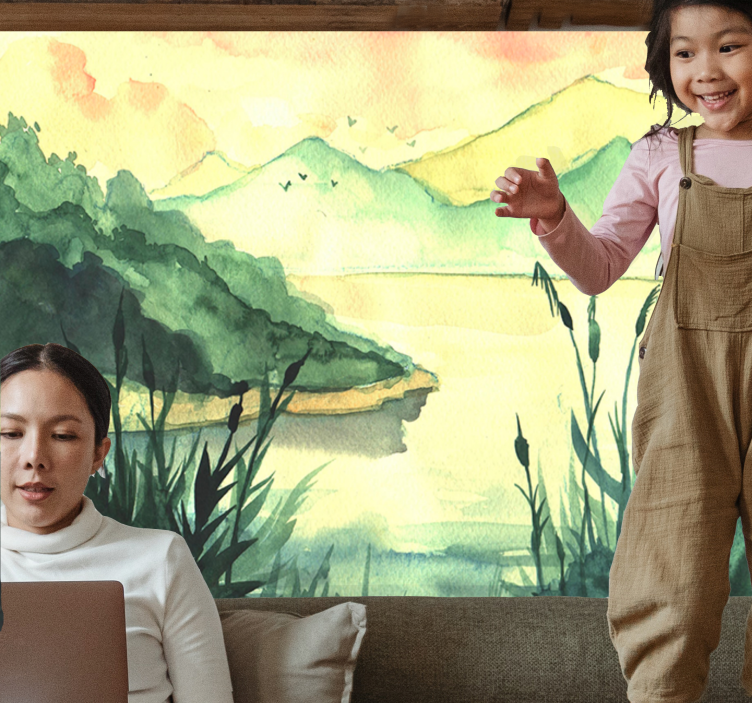 Tapisserie lac paysage serein dessiné à la main - TenStickers