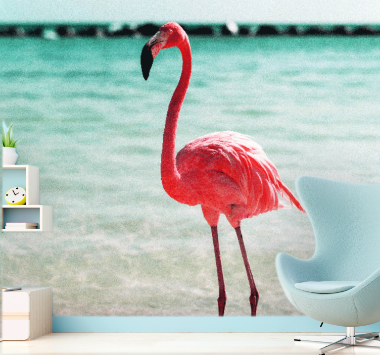 Papier peint salon Flamants roses mignons sur la plage - TenStickers