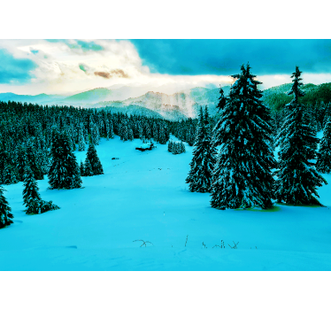 Tapisserie murale paysage forêt de pins enneigée - TenStickers